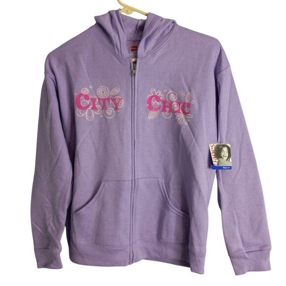 Hanes Size L 10 12 Girls Hoodie Jacket CITY CHIC Glittery Graphic Purple NEW - Picture 1 of 7